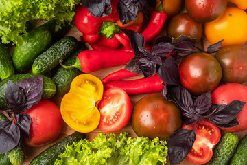 Various vegetables and salad leaves, top view, close-up..Background, texture.