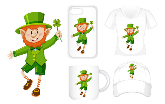 Graphic design on different products with leprechaun