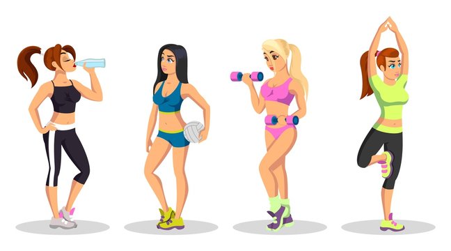 Vector set with girls in sport uniform doing exercises, lifting weights, practising hatha yoga, training at gym or at home. Slim beautiful fitness models, coaches, instructors. Cartoon on white.