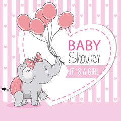 Happy elephant with a bow and balloons. baby shower card.