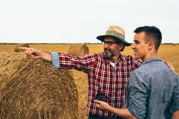 Naklejka na ściany i meble two agronomist workers talking outdoor on cultivated wheat field