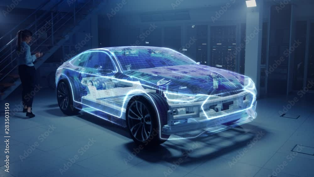 Poster female automobile engineer using tablet computer augmented reality with 3d cad software. innovative 