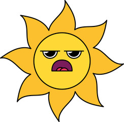 Grumpy sun emoticon outline illustration