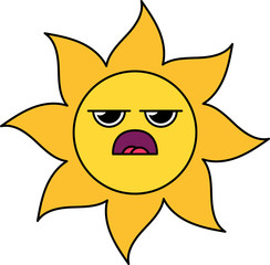 Grumpy sun emoticon outline illustration