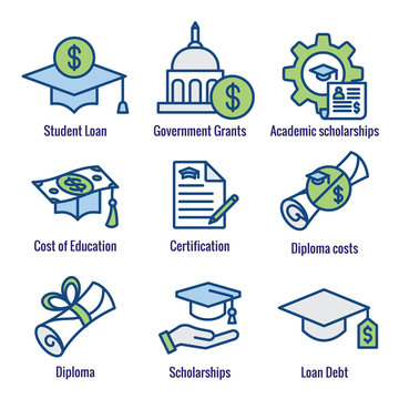 Student Loans Icon Set with Academic Scholarships & Debt Imagery