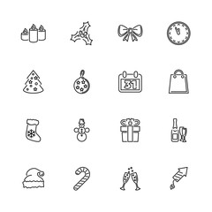 Merry Christmas and Happy New Year - Flat Vector line Icons