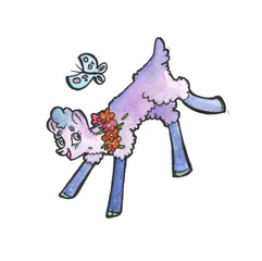 Llama with butterfly on white background. Funny watercolor sketch cartoon alpaca.