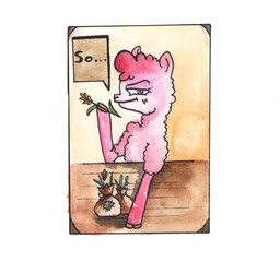 So... says pink Llama with spikelet. Funny watercolor sketch cartoon alpaca on white background.