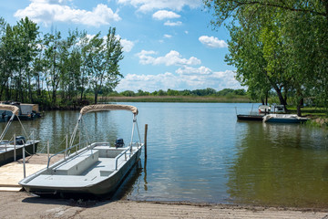 Trip boat waiting for tourists at Tisza lake, Hungary