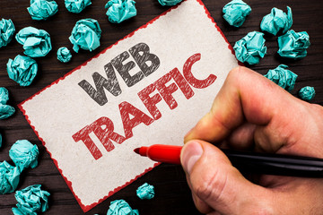 Text sign showing Web Traffic. Conceptual photo Internet Boost Visitors Audience Visits Customers Viewers written by Man Holding Marker Cardboard Piece the wooden background.