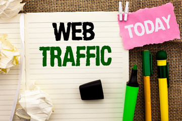 Writing note showing Web Traffic. Business photo showcasing Internet Boost Visitors Audience Visits Customers Viewers written Notebooke Book the jute background Today Pens next to it.