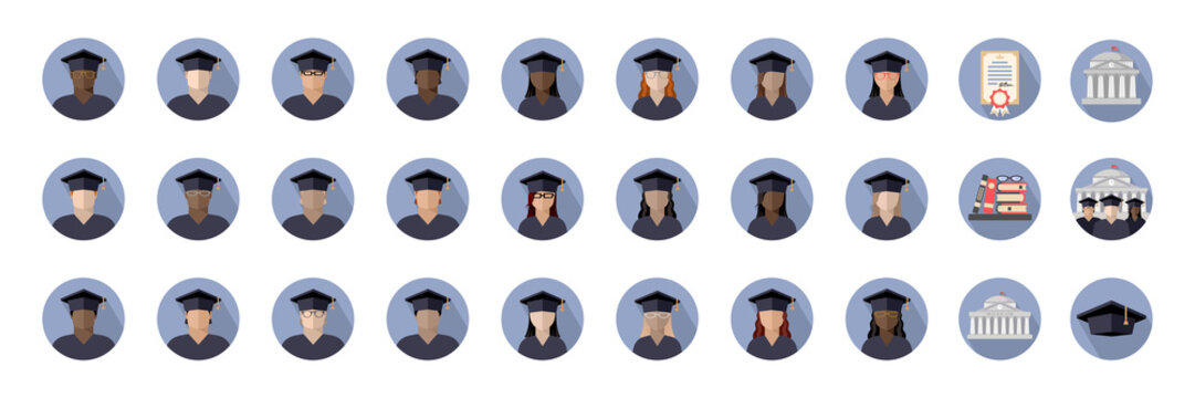 Large Student Set Of Students Boys And Girls Of Different Races, Nationalities And Skin Colors, University, Diploma, Books, Graduate Hat, Color Images In Circle With Shadow, Icon, Sign, Logo