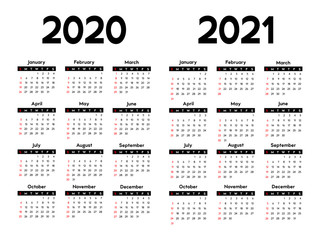calendar 2020 and 2021, week starts on Sunday, basic business template. vector illustration