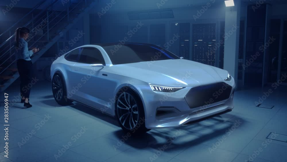 Fototapete female automotive engineer uses digital tablet with augmented reality for car design improvement. 3d
