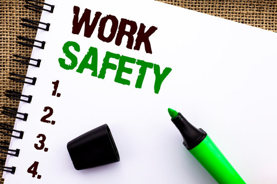 Text sign showing Work Safety. Conceptual photo Caution Security Regulations Protection Assurance Safeness written Notebooke Book the jute background Marker next to it.