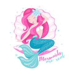 Beautiful mermaid with shell for t shirts or kids fashion artworks, children books. Fashion illustration drawing in modern style. Cute Mermaid with red hair. Girl print