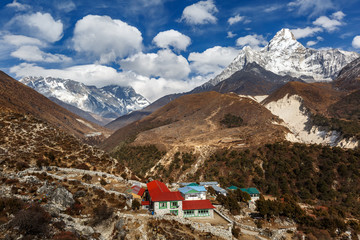 Everest trek. View of the valley. Pangboche or Panboche is a village in Khumjung. Himalaya, Nepal