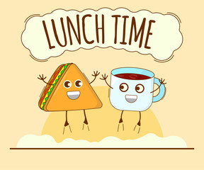 Lunch Time Banner, Tea and Sandwich Icon. Cute Character, Concept Label. Cartoon Vector Illustration