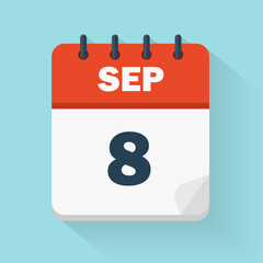 September 8th. Daily calendar icon in vector format.  Date, time, day, month. Holidays - obrazy, fototapety, plakaty