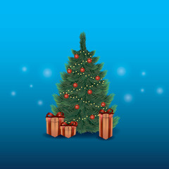 Christmas tree with decorations and gift boxes. Holiday background. Merry Christmas and Happy New Year. Vector illustration