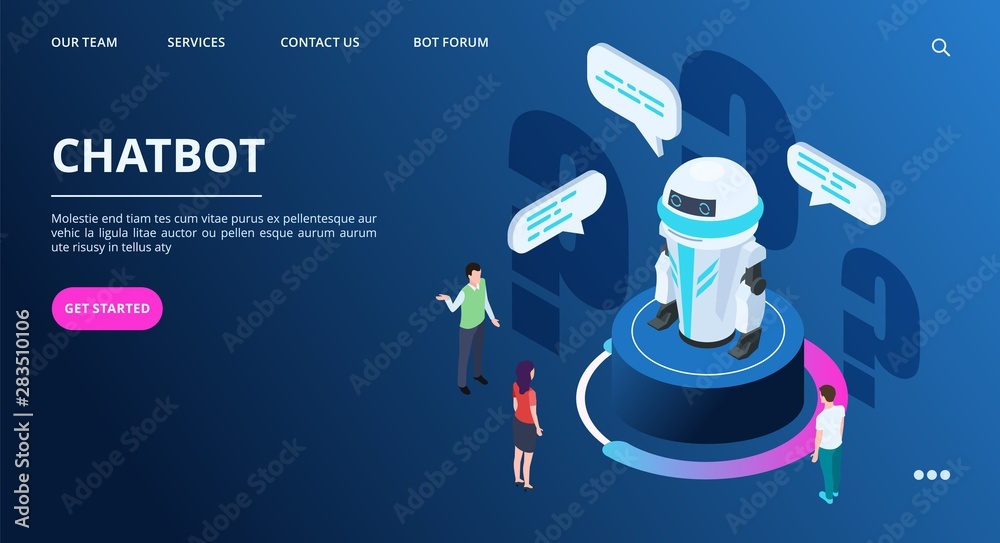 Poster chatbot landing page. isometric ai robot with people. artificial intelligence vector web banner. ill
