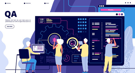 QA landing. Software testing quality assurance. People fixing bugs in hardware device. Vector web page design. Illustration of qa team, quality assurance software