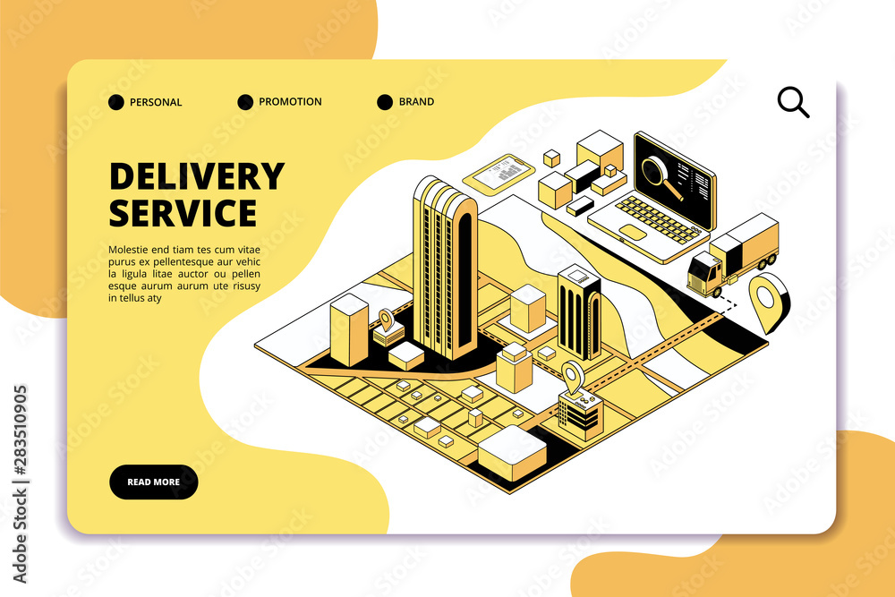 Poster Delivery isometric concept. Logistic and shipping warehouse service with truck, packaging and city map. Phone app vector landing page. Delivery track express, shipping export order illustration