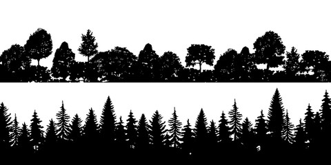 Set of black horizontal silhouettes coniferous treetops forest pine, spruce, cedar . Coniferous spruce panorama. Park of evergreen wood. Vector on white background EPS