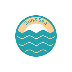 sun and sea, color logo (emblem) in minimalist decorative style and yellow-blue colors, vector eps 10 illustration