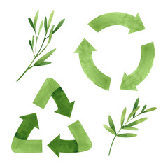 Obraz premium Watercolor recycling signs and sprig with leaves isolated on white background. Hand drawn reuse symbol for ecological design. Zero waste lifestyle. 