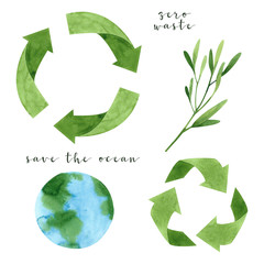 Watercolor recycling signs and sprig with leaves isolated on white background. Hand drawn reuse symbol for ecological design. Zero waste lifestyle.  - 283512391