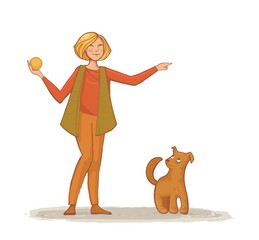 A young woman throws a ball to his dog