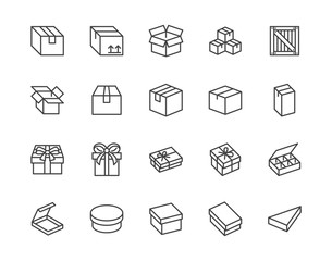 Box flat line icon set. Carton, wood boxes, product package, gift vector illustrations. Simple outline signs for delivery service. Pixel perfect 64x64. Editable Strokes