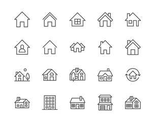 Houses flat line icons set. Home page button, residential building, country cottage, apartment vector illustrations. Outline simple signs for real estate. Pixel perfect 64x64. Editable Strokes