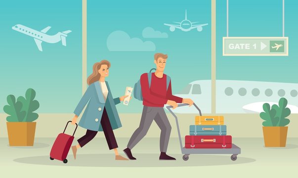 Young couple with Luggage at the airport. Flat vector image