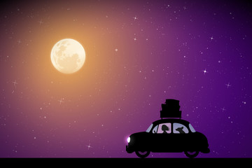 Cartoon retro car on road on moonlit night. Vector illustration with silhouettes of woman and dog traveling in camper. Family road trip. Full moon in starry sky