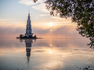 The flooded bell tower in Kalyazin in the early morning