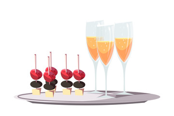 Canapes and champagne flat vector illustration