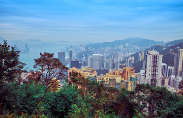 Famous Hong Kong skyline. View from Victoria Peak.