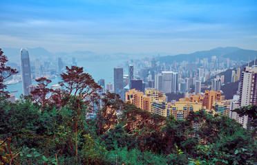 Famous Hong Kong skyline. View from Victoria Peak.