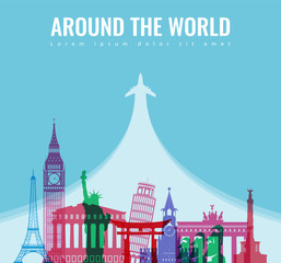 Fototapeta premium Travel composition with famous world landmarks. Travel and Tourism concept. Vector
