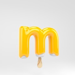 Ice cream letter M lowercase. Yellow popsicle alphabet. 3d rendered dessert lettering isolated on white background.