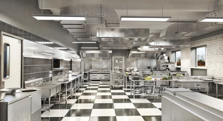 Keuken spatwand met foto Restaurantuitrusting. Moderne industriële keuken. 3d illustratie © sveta
