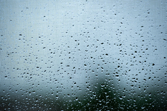 Raindrops on a mosquito net. Mosquito net on a window with a curtain. Horizontal photo, macro.