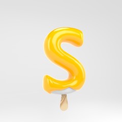 Ice cream letter S uppercase. Yellow popsicle alphabet. 3d rendered dessert lettering isolated on white background.