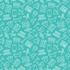 Plumbing service vector seamless pattern with flat line icons of house bathroom equipment, faucet toilet, washing machine, dishwasher. Plumber repair illustration, thin linear signs, handyman service