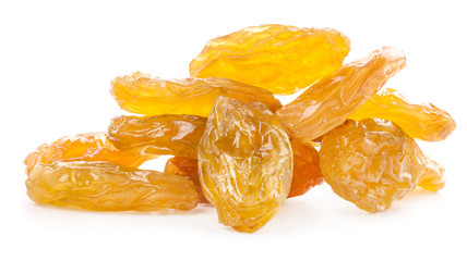 Yellow raisins isolated on white background