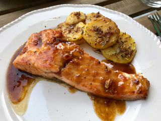 Grilled Salmon with Honey Glaze, Burnt Butter and Baked Potatoes.
