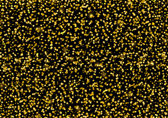 Vector template with gold glitter particles effect for luxury greeting rich card. Sparkling festive confetti. Star dust sparks in explosion on black background.