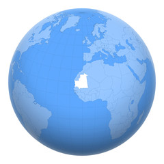 Mauritania on the globe. Earth centered at the location of the Islamic Republic of Mauritania. Map of Mauritania. Includes layer with capital cities.